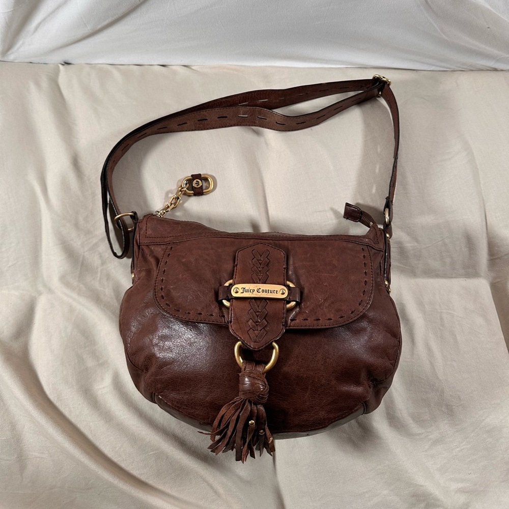 Juicy Couture Brown Leather Hobo Crossbody Bag Y2K Gold Hardware EUC Vintage